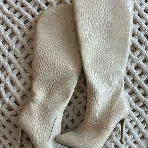 Cream Croc-Embossed Knee-High Boots